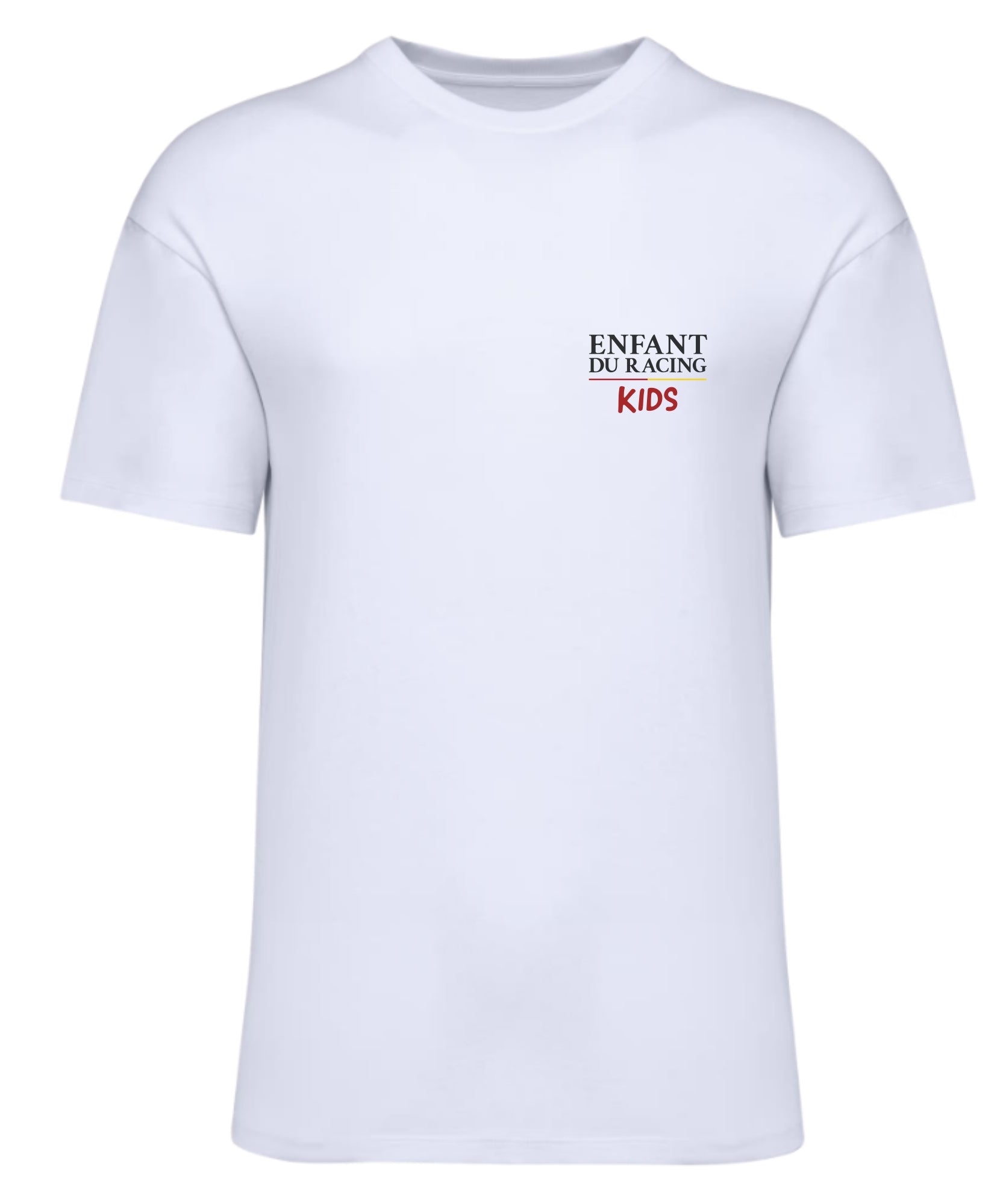 T-shirt blanc Enfant du Racing Kids avec logo côté cœur en noir et mention “Kids” en rouge, coupe classique.