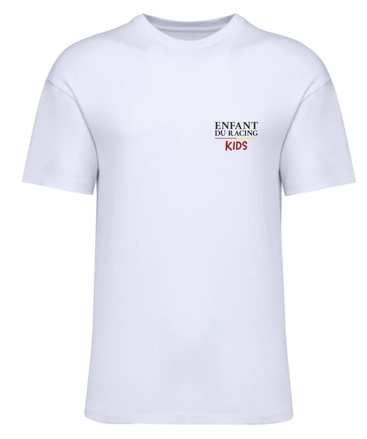 T-shirt blanc Enfant du Racing Kids avec logo côté cœur en noir et mention “Kids” en rouge, coupe classique.