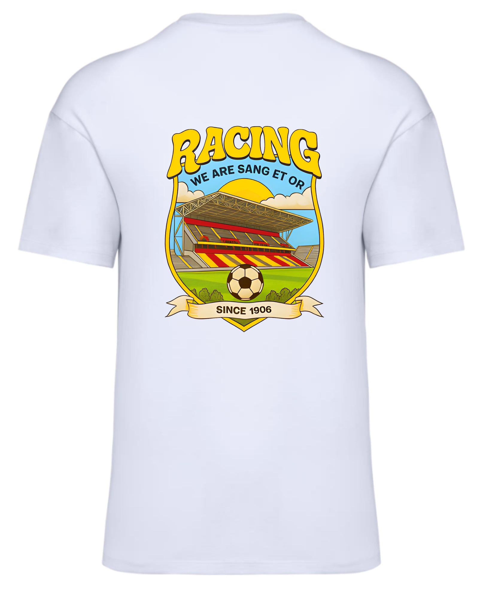 T-shirt blanc avec grand visuel au dos représentant le stade Bollaert en illustration colorée, accompagné du mot “Racing”, du slogan “We are Sang et Or” et de la mention “Since 1906”.